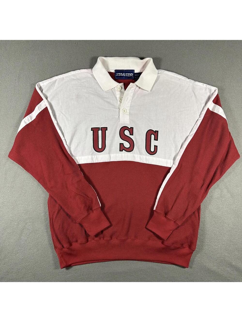 Starter Men Long Sleeve Polo Shirt Waffle knit USC L red